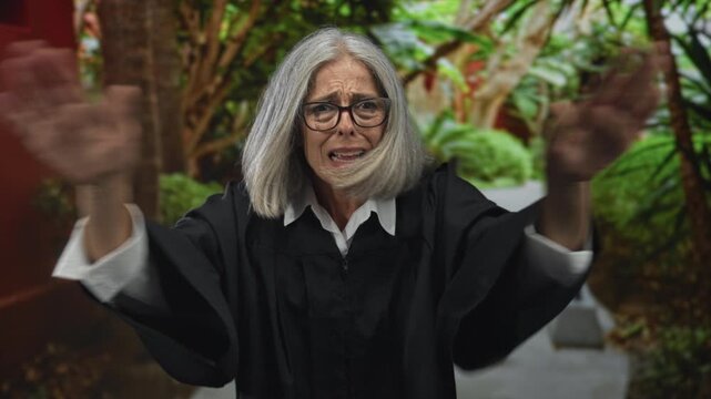 Judge with grey hair and glasses raising hands and pleading in a forest setting while wearing judicial robe and white collar shirt; distress justice.