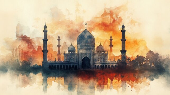 mosque, eid mobarak theme, watercolor