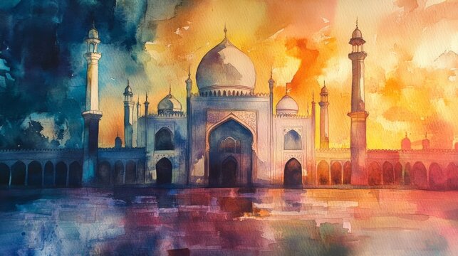 mosque, eid mobarak theme, watercolor