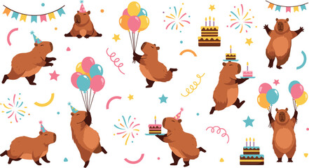 Set of cute capybara birthday party illustrations with balloons, cakes, confetti and festive elements in colorful cartoon vector style