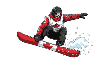 Canadian Snowboarder Jumps with Maple Leaf Snowboard © Muhamad