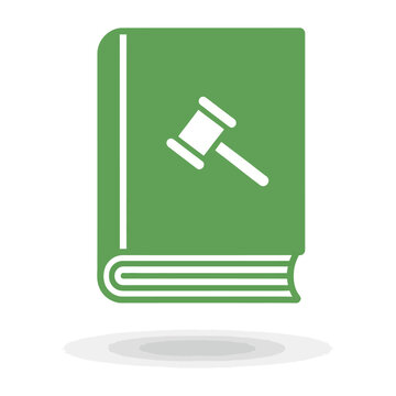 Green vector book with a white gavel symbolizing law and justice