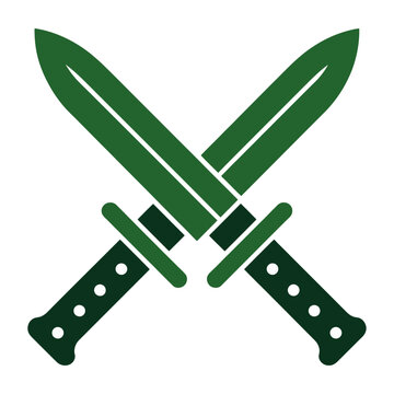 Green vector of two crossed knives with wood handles and sharp blades