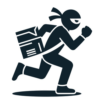 Vector of a masked thief running with a stolen box under their arm