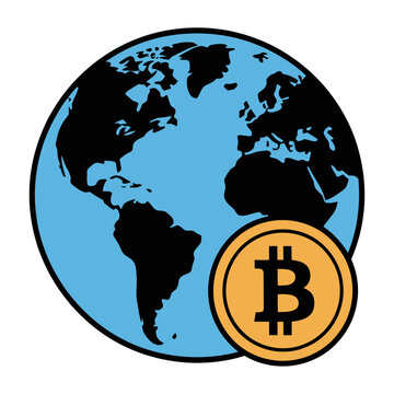 Vector globe with a bitcoin symbol representing global cryptocurrency adoption