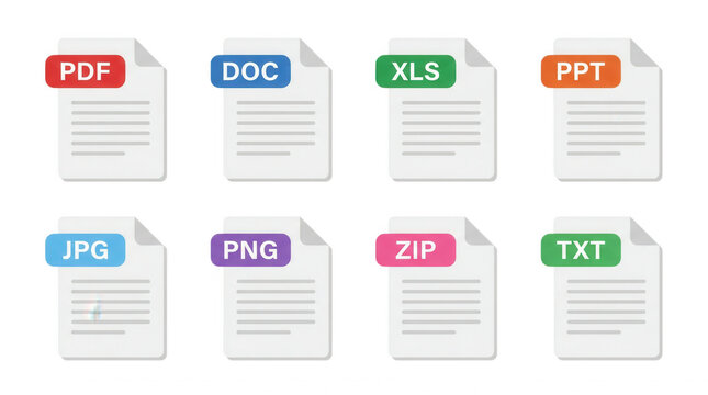 File format icons vector illustration including pdf doc xls jpg and more