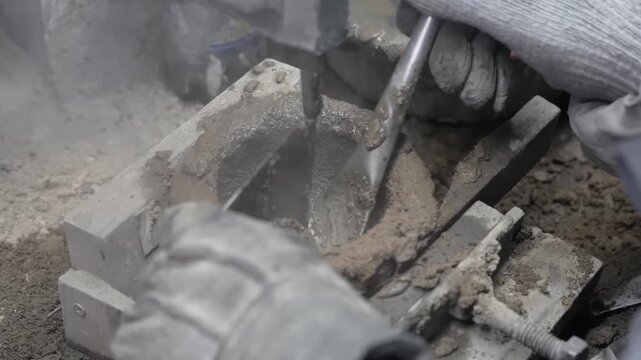 High angle shot of a worker filling a metal casting mold with wet sand and clay mixture using a hand trowel