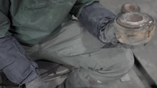 Close up of a worker applying a layer of liquid sealant or adhesive to the rim of an industrial component with a spoon