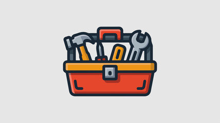 Naklejka premium Red toolbox with various tools inside on gray background for diy and repair concepts