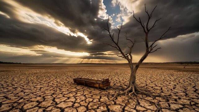 dry cracked earth during severe drought, climate change concept, dramatic sky, environmental crisis