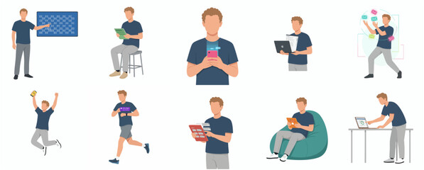 Fototapeta premium Flat Style Collection of Man in Various Activities Illustration Set