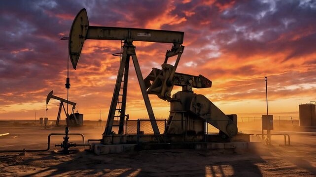 Oil pumpjack working at sunset in a vast oil field, dramatic orange sky, long shadows, industrial energy production concept
