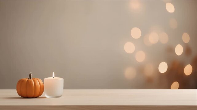 Still life autumn harvest with pumpkin and candle on wooden table soft bokeh background