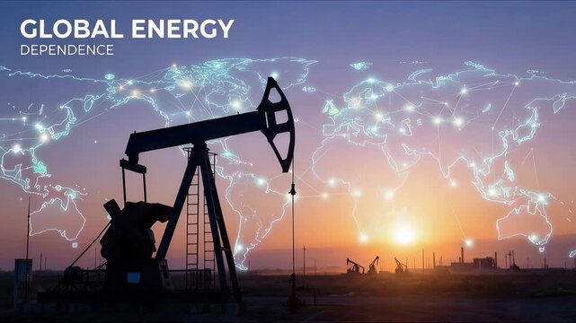 Oil pumpjack silhouette with world map projection in the sky, global energy dependence concept