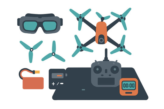 Quadcopter drone tools and accessories displayed on a table for hobbyists in a well-lit workspace