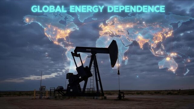 Oil pumpjack silhouette with world map projection in the sky, global energy dependence concept