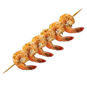 A delicious wooden skewer featuring six perfectly grilled and seasoned jumbo shrimp for dinner illustration
