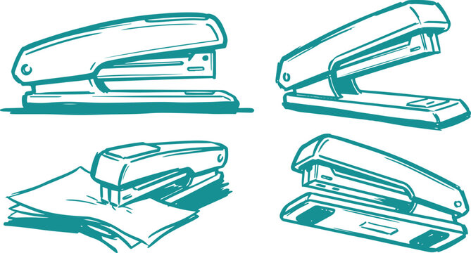 Stapler Vector Set, Hand Drawn Office Stapler Clipart Design, Stationery Tool Line Art Illustration Collection.
