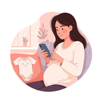 Pregnant woman using smartphone with baby onesie nearby