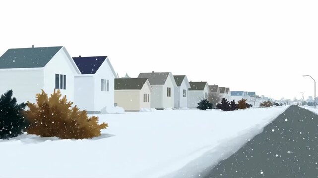 Row of suburban houses blanketed in snow along quiet winter road. Serene residential neighborhood with evergreen bushes and distant lamp post in cold season landscape.