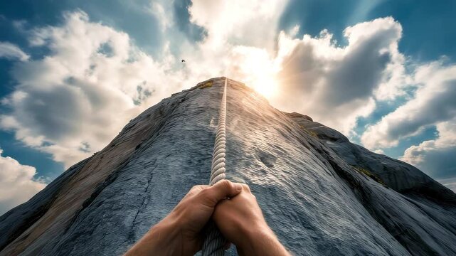 Climber gripping rock face with sunlight breaking through clouds at mountain summit