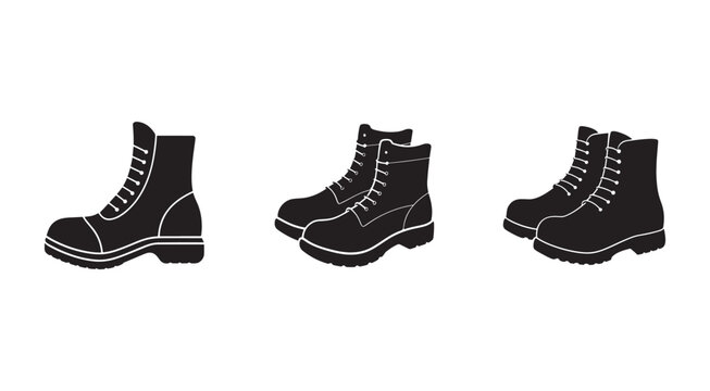 Black boots icons in different angles and positions on white background for design and illustration  various footwear silhouettes