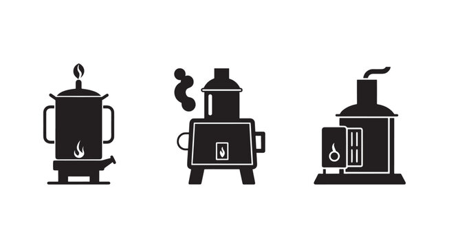 Black stove icons with smoke coming out  heating equipment  industrial stoves