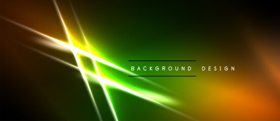 Naklejka premium Abstract neon lines intersect over dark green, orange gradients. Modern background design with bright illumination effects. Simple, dynamic composition.