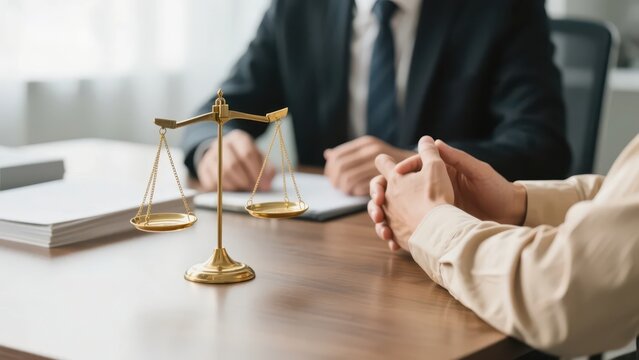 The scale on the desk symbolizes fairness and justice, and the conversation between two business people presents a professional legal consultation atmosphere, making it a material image suitable for l