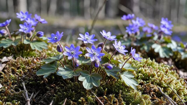 Close-Up of Delicate Blue Hepatica Flowers Blooming in a Mossy Forest Floor