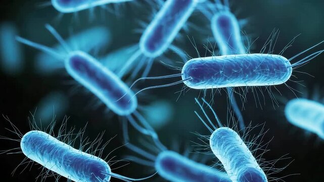 Closeup animation of bacteria cells with hairlike protrusions in blue glowing environment