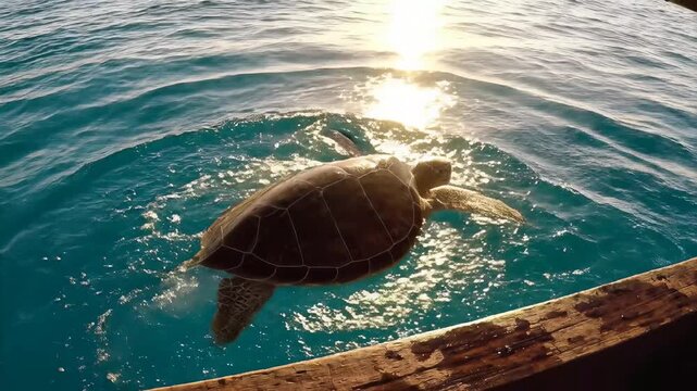 Marine Turtle: a single sea turtle gracefully navigates the open ocean under the radiant sun, a symbol of aquatic life, freedom and tranquil existence.