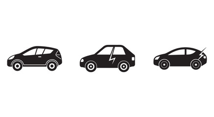 Fototapeta premium Blacksilhouettecarswithandwithoutlightningboltsonwhitebackground threecarswithdifferentdesigns
