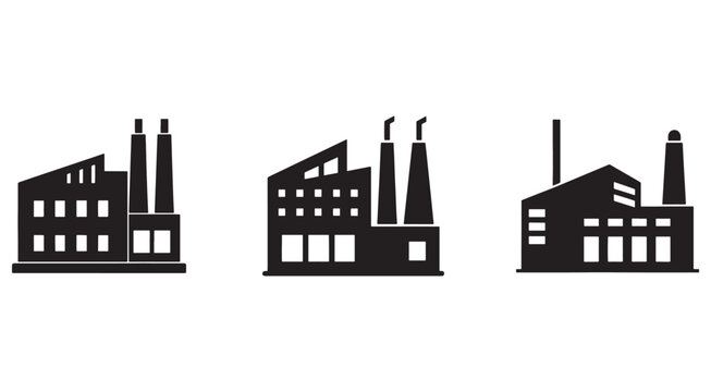 Factory building icons with smokestacks and windows industrial architecture silhouette  industrial buildings with chimneys and smokestacks