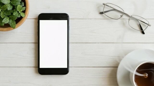 video of flat lay of black smartphone with white screen on white wooden table with plant, glasses, and coffee. perfect for mobile applications, remote work, or productivity tools