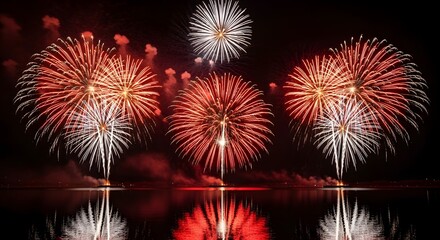 Fototapeta premium A breathtaking night display of vibrant red and white fireworks reflecting over dark still water