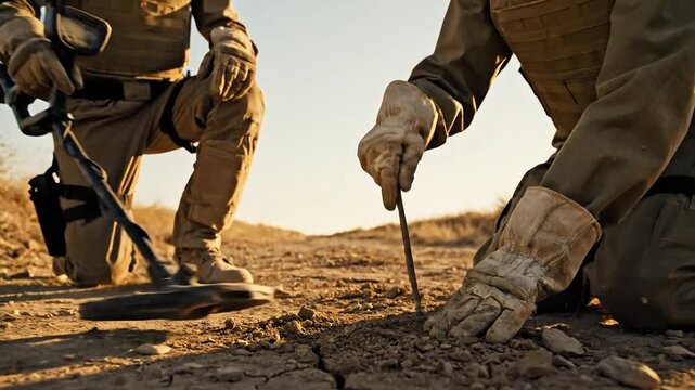 Military personnel carefully search for explosives in a dry, arid landscape.