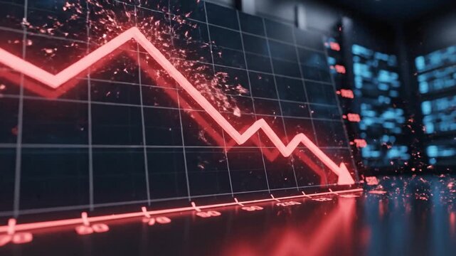 Cinematic 4K illustration showing plummeting financial graph line depicting sharp market crash economic recession and declining data metric.