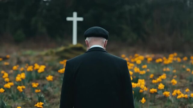 Man in black coat and hat approaches white cross in yellow flower field. Back view of elderly mourner walking through daffodils. Foggy cemetery remembrance scene.
