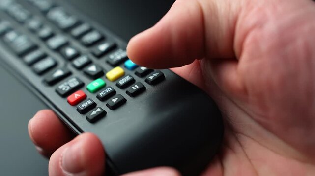 Close-up of a hand pressing the pause button on a TV remote control, stopping video playback with shallow depth of field for streaming and home entertainment b-roll.