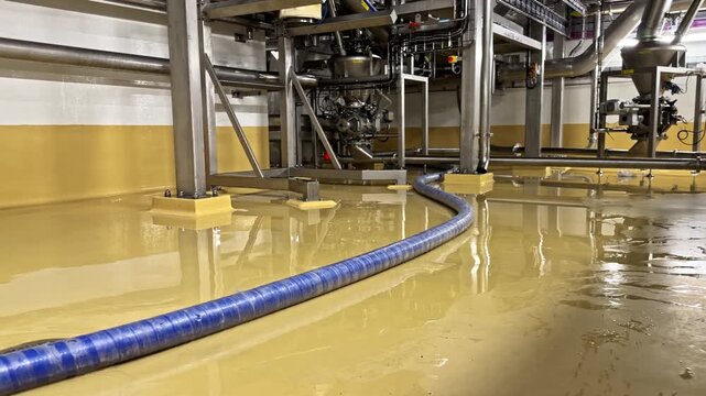 Industrial facility floor with liquid spill, equipment operating, potential leakage