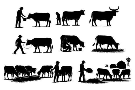 Silhouettes of farmers and cows in various farming activities.