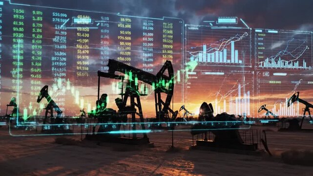 Industrial oil pump jack silhouettes operating during golden sunset overlayed with glowing financial stock market data charts, illustrating energy industry economics and fuel production technology.