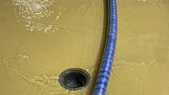 Tilt up shot showing shallow yellowish liquid covering floor with blue hose submerged around stainless steel equipment legs in food or chemical processing plant