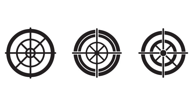 Set of three different black target icons with crosshairs on white background for aiming or focusing concepts  precision tools