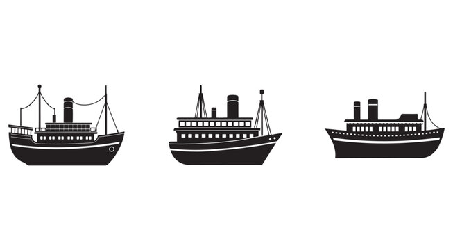Set of vintage ship silhouettes with smokestacks and masts on white background  various old ocean liner designs