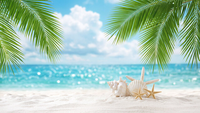 南国ビーチサイドの砂浜にならんだ美しい貝殻とヤシの葉