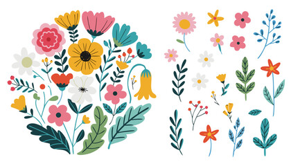 Obraz premium Gemini saidCute cartoon spring flowers and birds in a seamless floral nature pattern design with summer garden leaves, butterflies, and heart blossoms for a vector wallpaper illustration