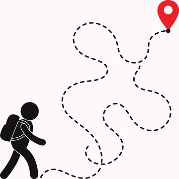 A simple black silhouette of a traveler with a backpack walking along a winding dashed path that leads to a red location pin, symbolizing a journey toward a destination or goal.