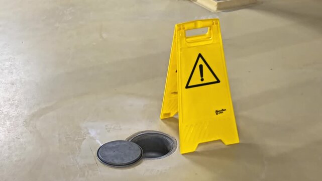 Close-up view of bright yellow wet floor caution sign with exclamation mark positioned next to open circular floor drain with removed gray cover in smooth concrete industrial setting